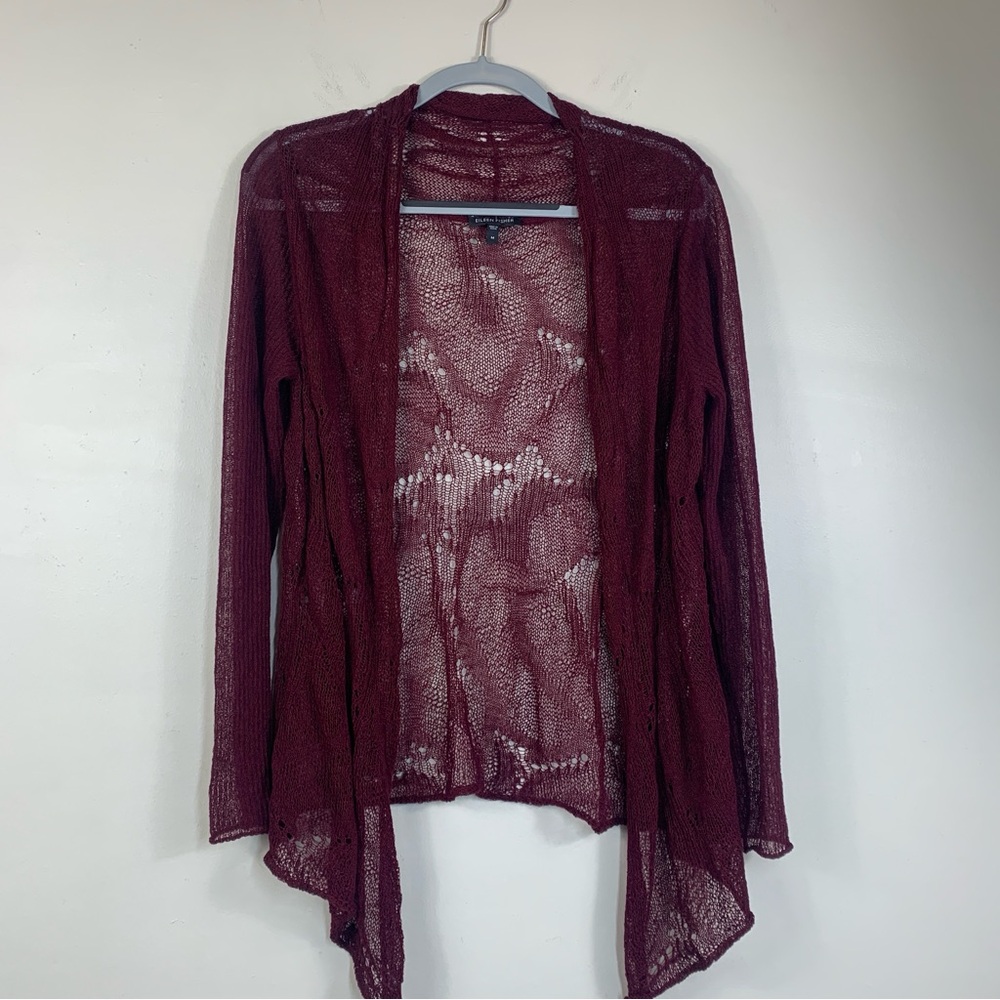 Eileen Fisher Open Hi-Lo Cardigan  Knit Maroon Rayon Linen Blend -Medium